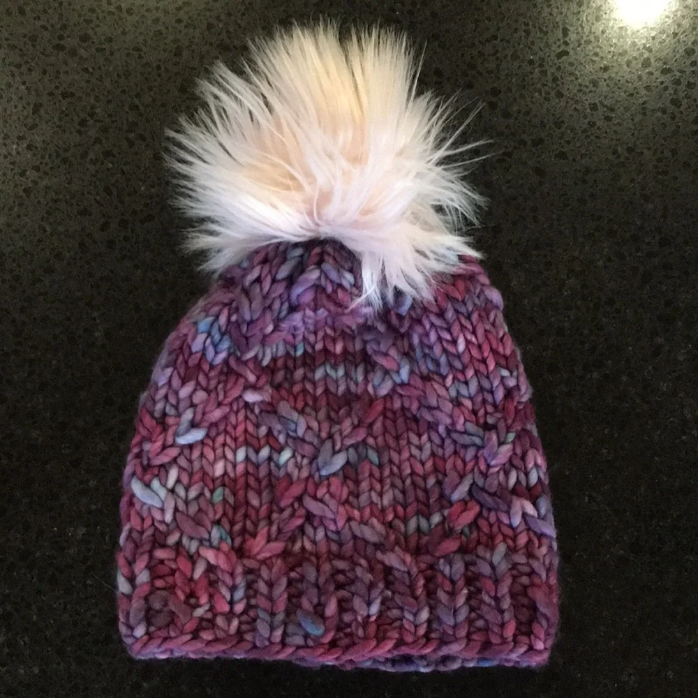 Hand Knit Merino Wool Beanie Hat With Faux Fur Pom